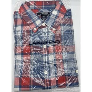 NWT Lands' End Men's Blue / Red PlaidTailored Fit Button Up Shirt Size M 15-15.5